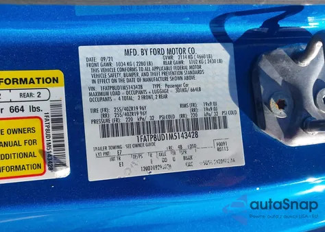 2021 Ford Mustang Ecoboost Premium z USA, uszkodzony, nr VIN 1FATP8UD1M5143428